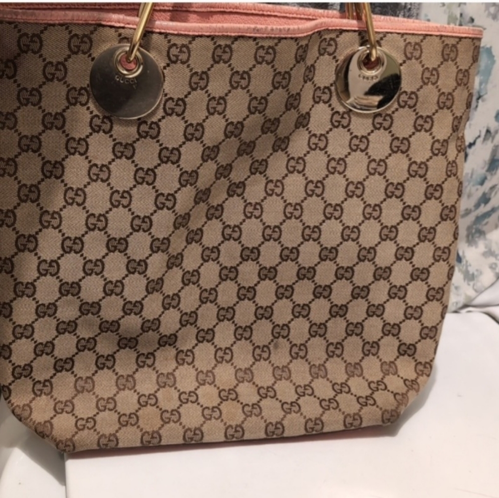GUCCI Vintage Monogram Tote Brown/tan canvas & pink Leather trim